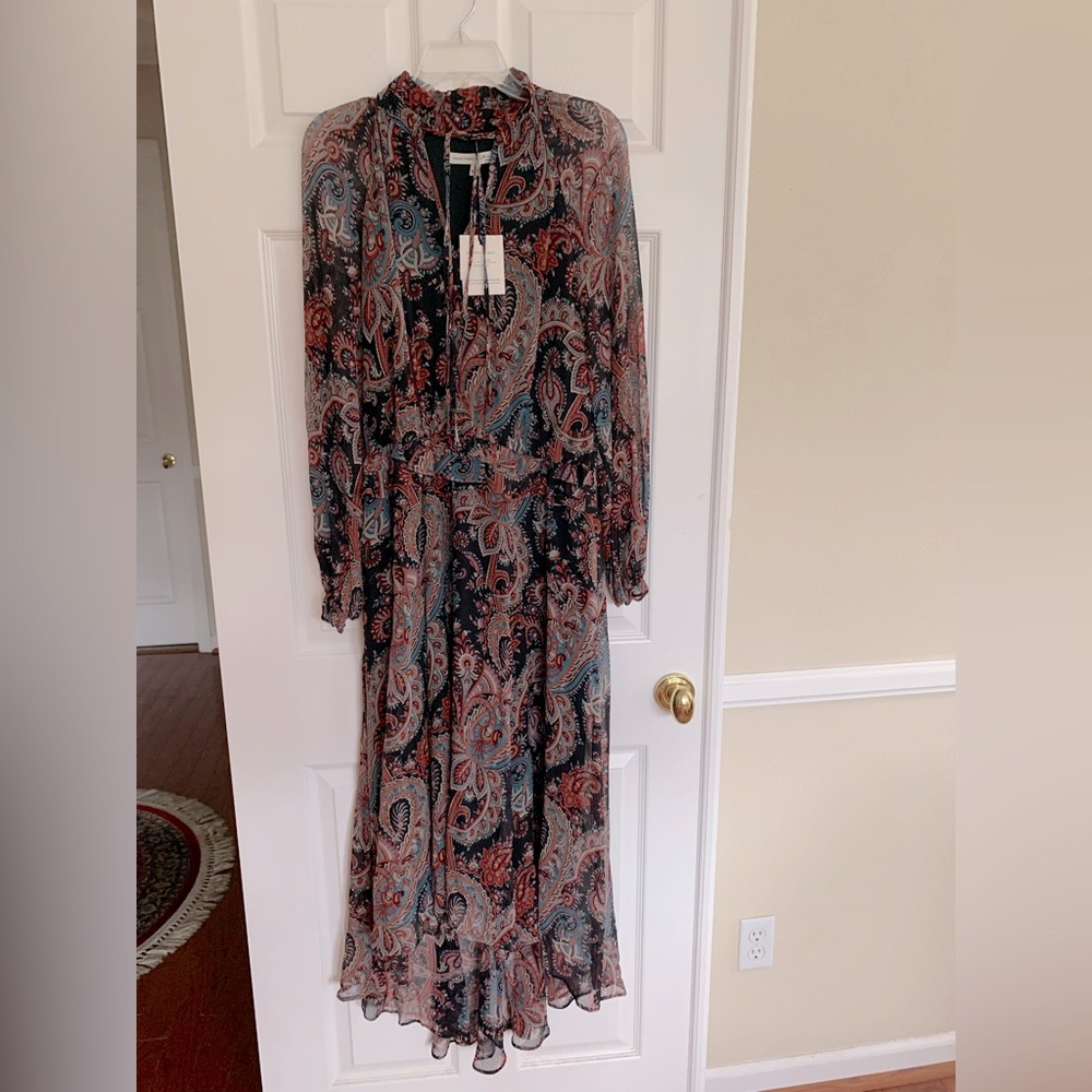 FINAL PRICE NWT Banana Republic SILK Maxi Dress Black/Green/Red/Cream Paisley L - Picture 2 of 16